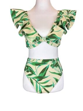 Antonio Melani Bikini Set Top L Bottom M Green Tropical Ruffle Tie Highwaist NEW